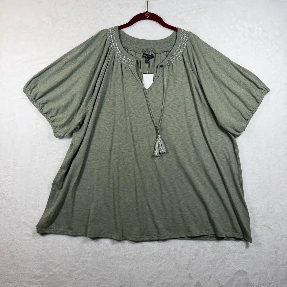 Lane Bryant Peasant Top 22/24 Sage Green Embroidered Tassel Tie Balloon Sleeve